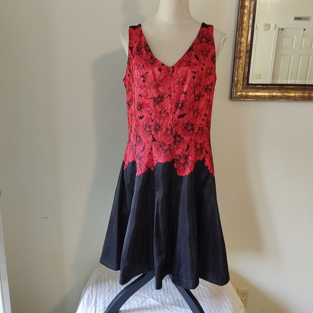 Julian Taylor Black and Red Floral Fit-and-Flare Dress